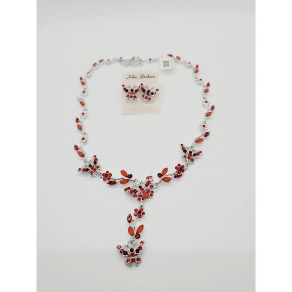 Rhodium Cubic z red butterfly necklace and earrings set - Picture 1 of 6